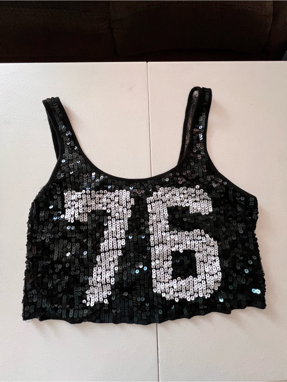 Express Black Sequin Crop Top with Silver '76' Graphic